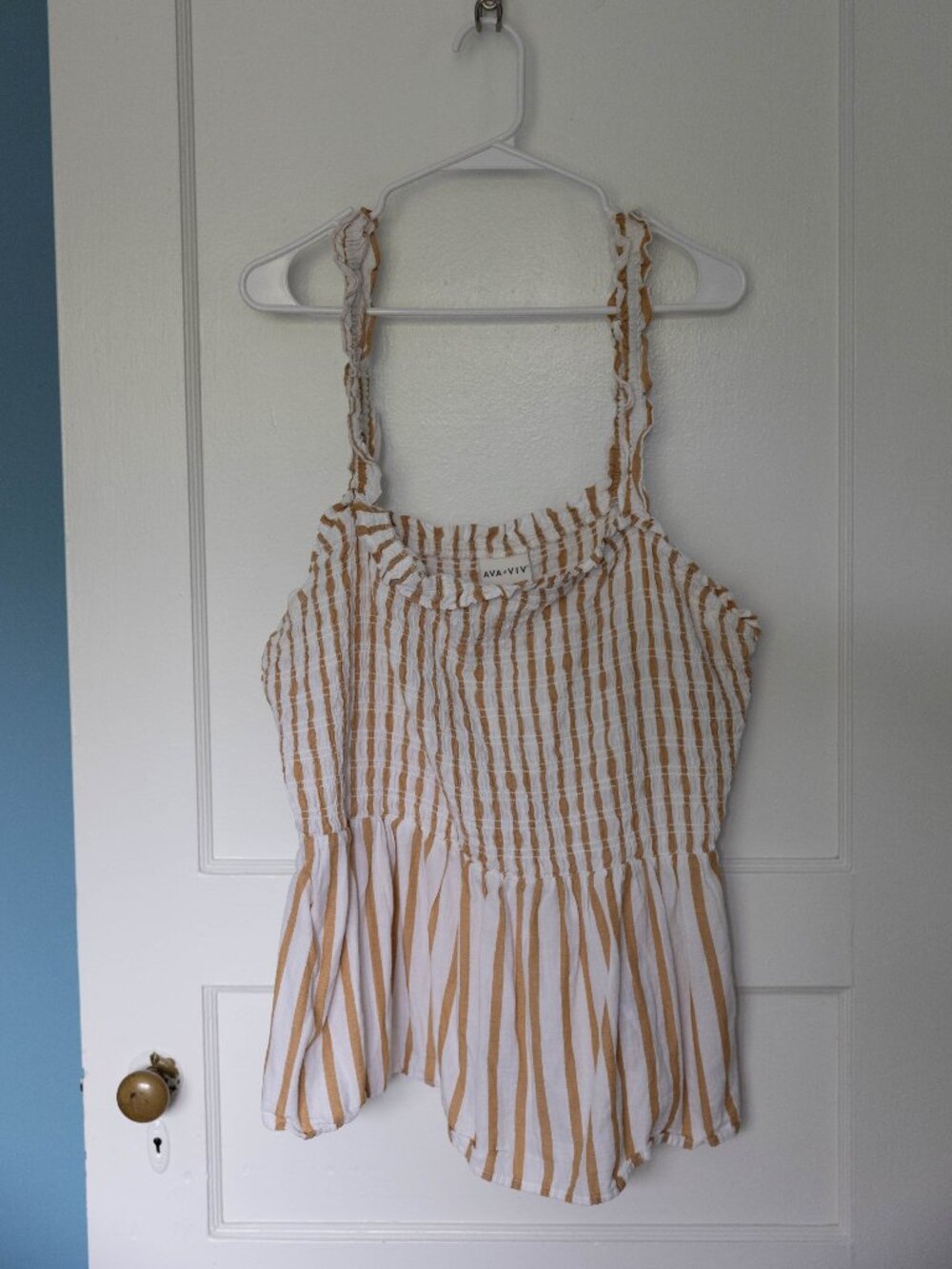 Ava & Viv Tan & White Striped Peplum Ruffle Tank Top 2X